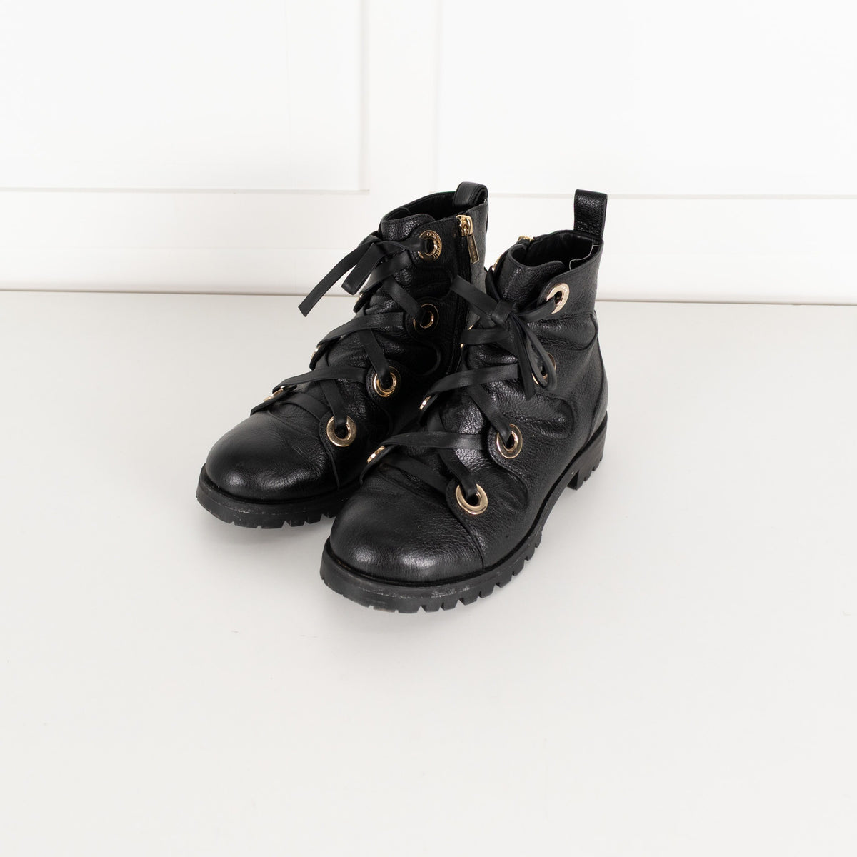 Jimmy Choo Black Leather Ankle Boots with Gold Eyelets - Image 8