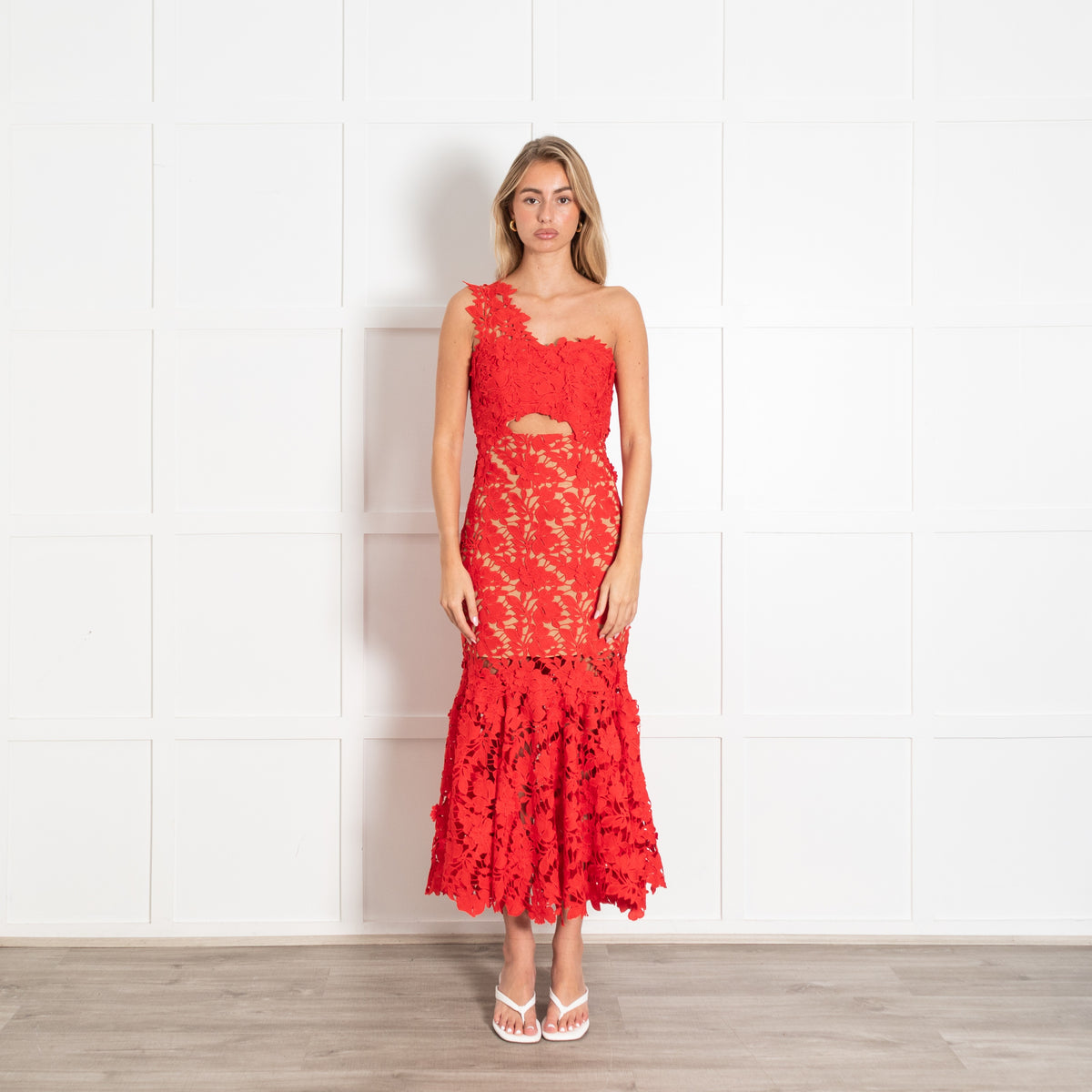 Red Lace Macarena Guipure One Shoulder Gown - Image 1