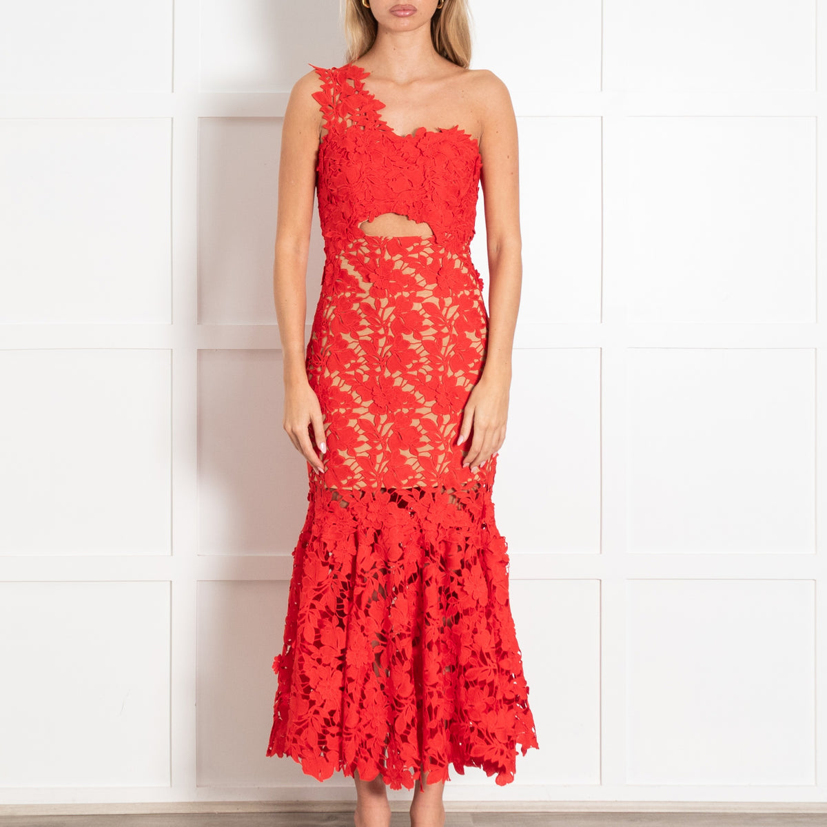 Red Lace Macarena Guipure One Shoulder Gown - Image 2
