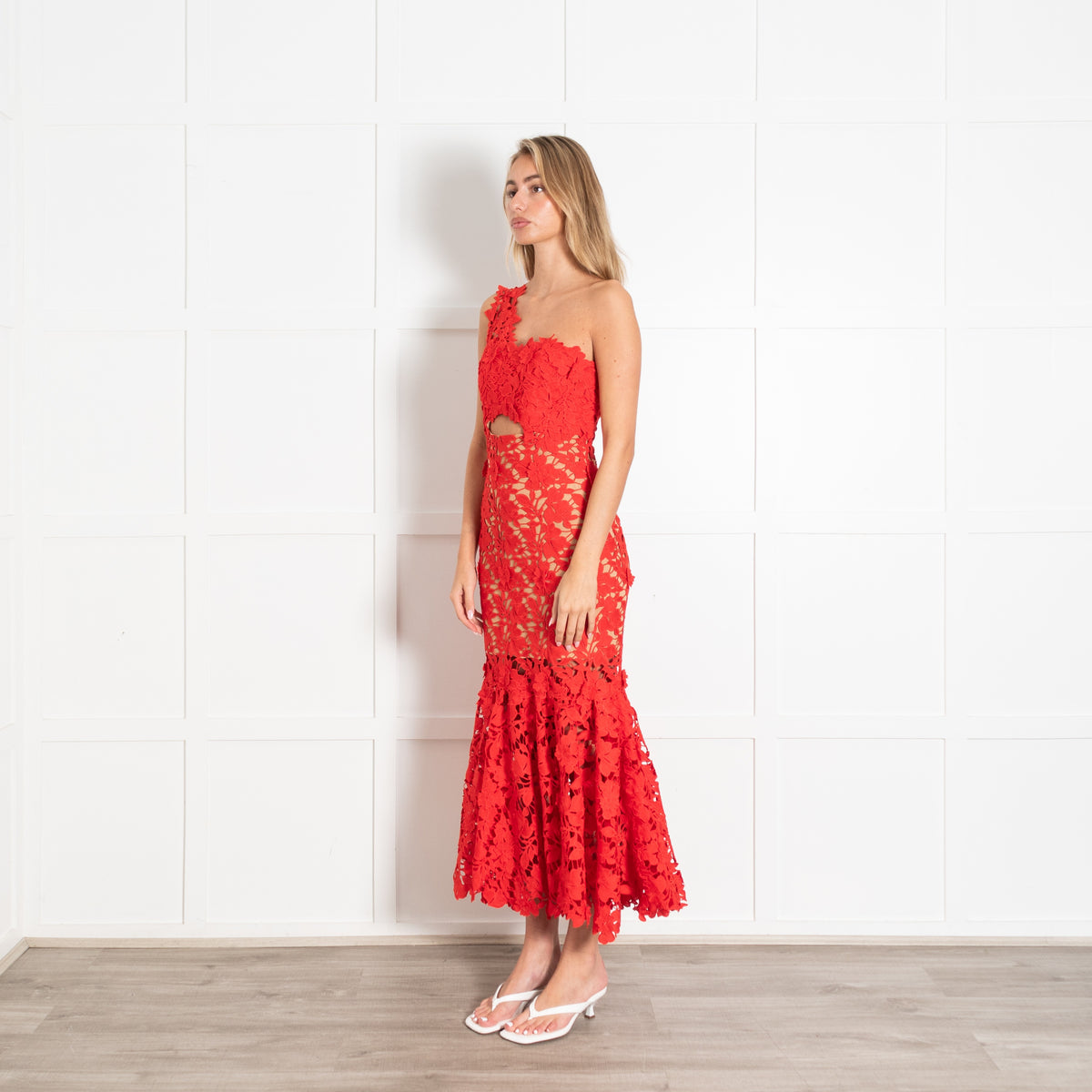 Red Lace Macarena Guipure One Shoulder Gown - Image 3