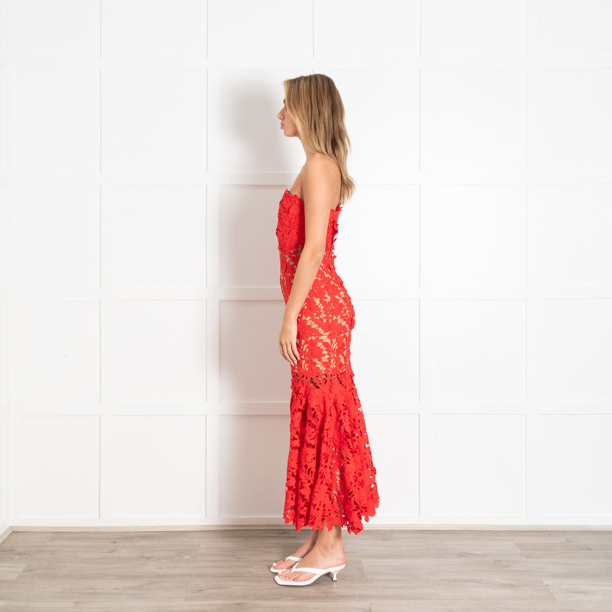 Red Lace Macarena Guipure One Shoulder Gown - Image 4