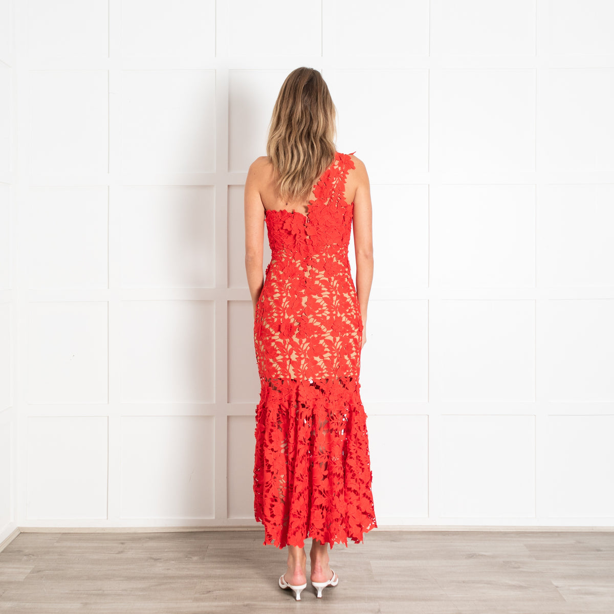 Red Lace Macarena Guipure One Shoulder Gown - Image 5
