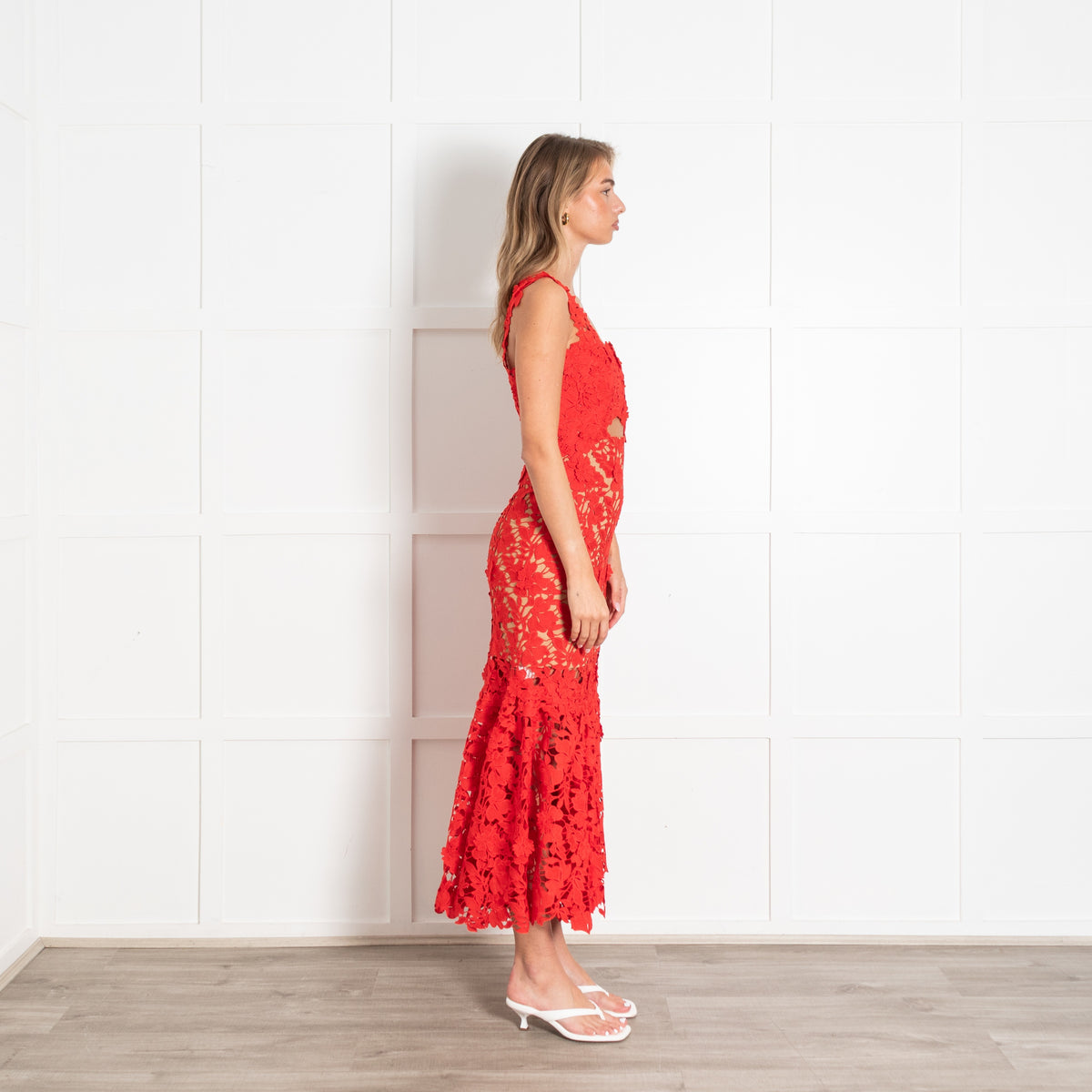 Red Lace Macarena Guipure One Shoulder Gown - Image 6