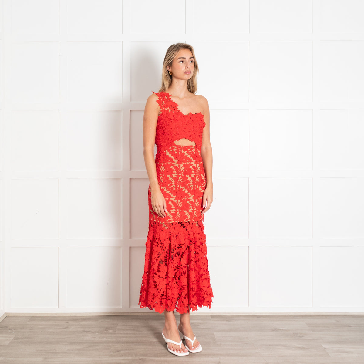 Red Lace Macarena Guipure One Shoulder Gown - Image 7