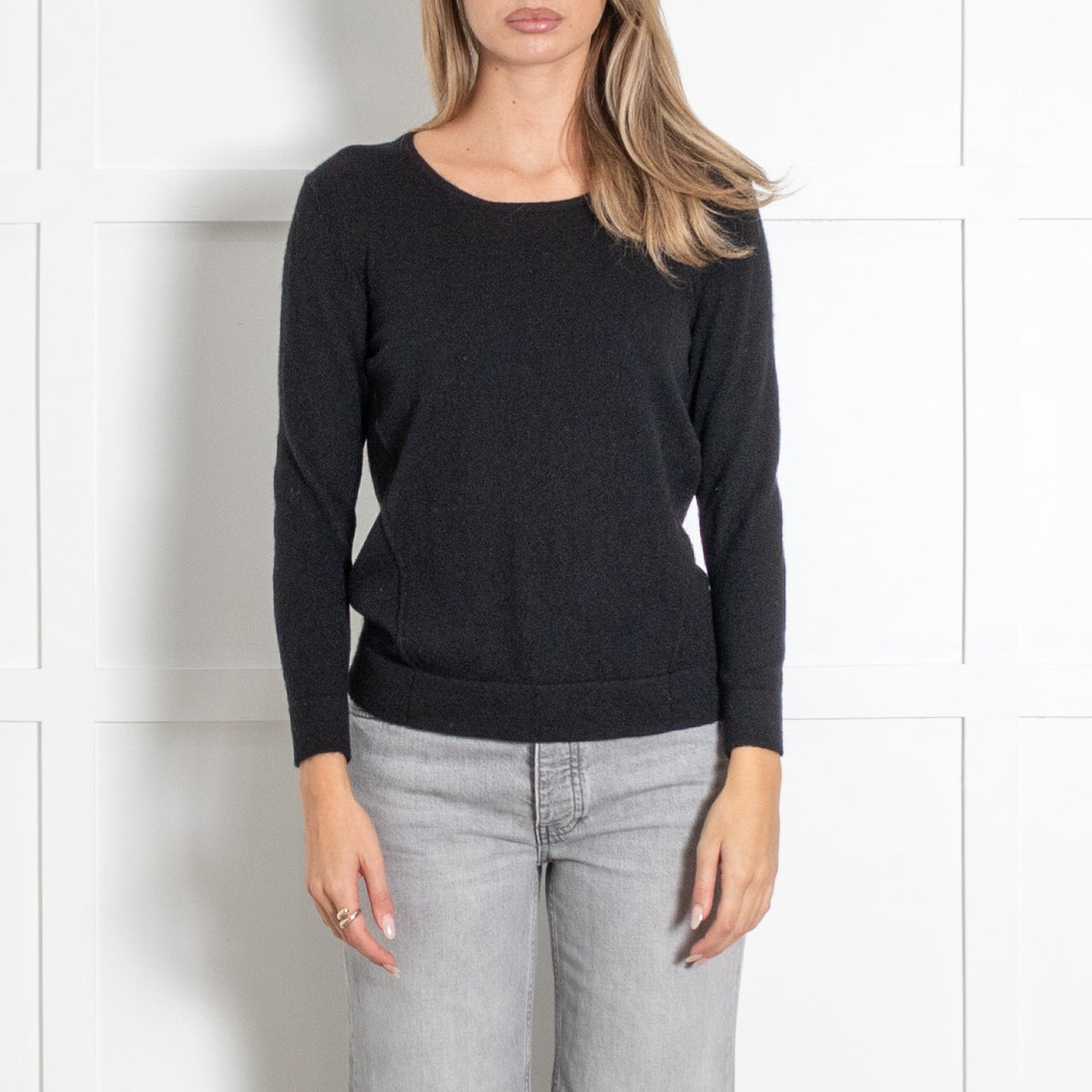 Black Scoop Neck Wool Fine Knit Sweater - Image 2