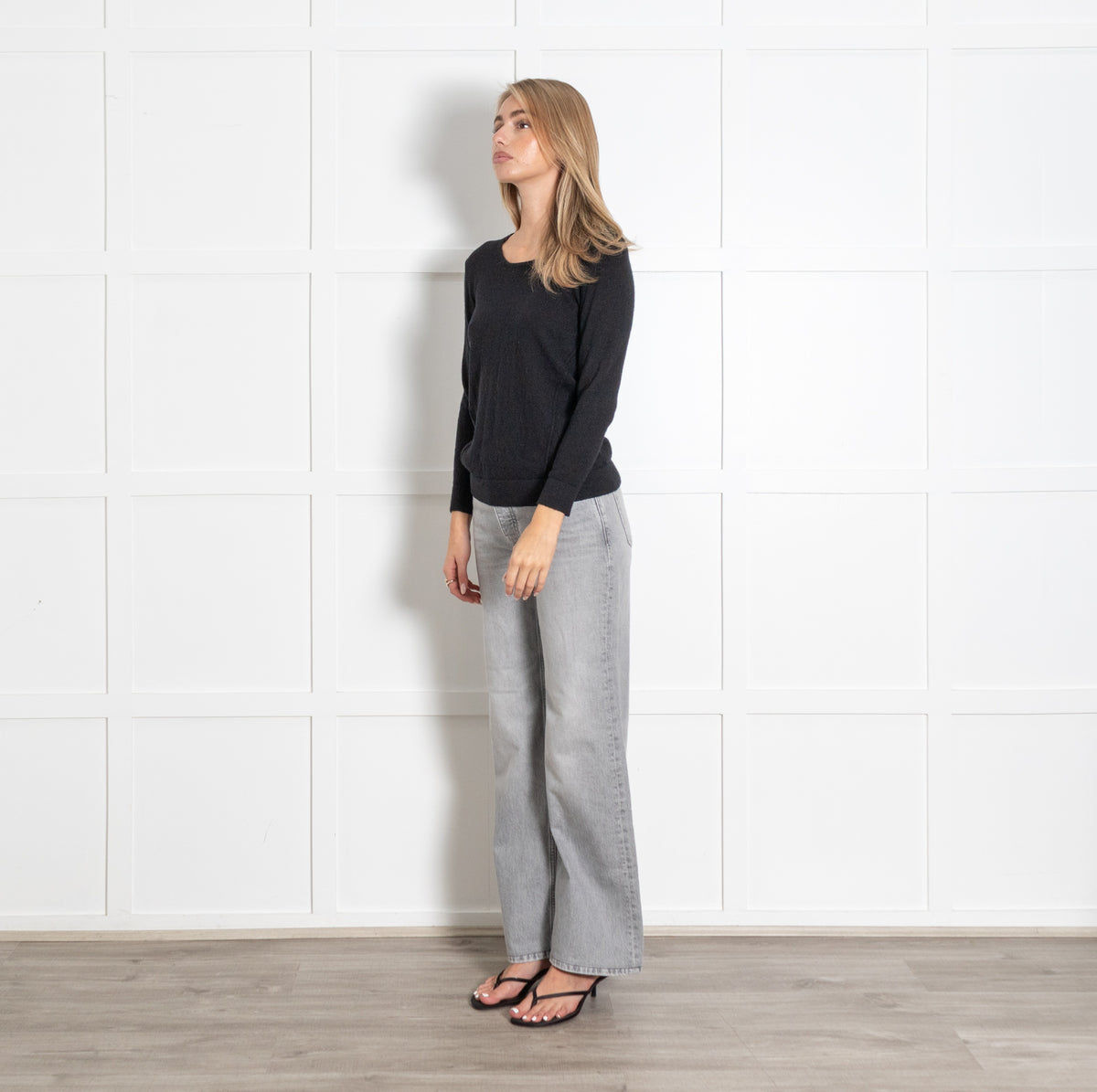 Black Scoop Neck Wool Fine Knit Sweater - Image 3