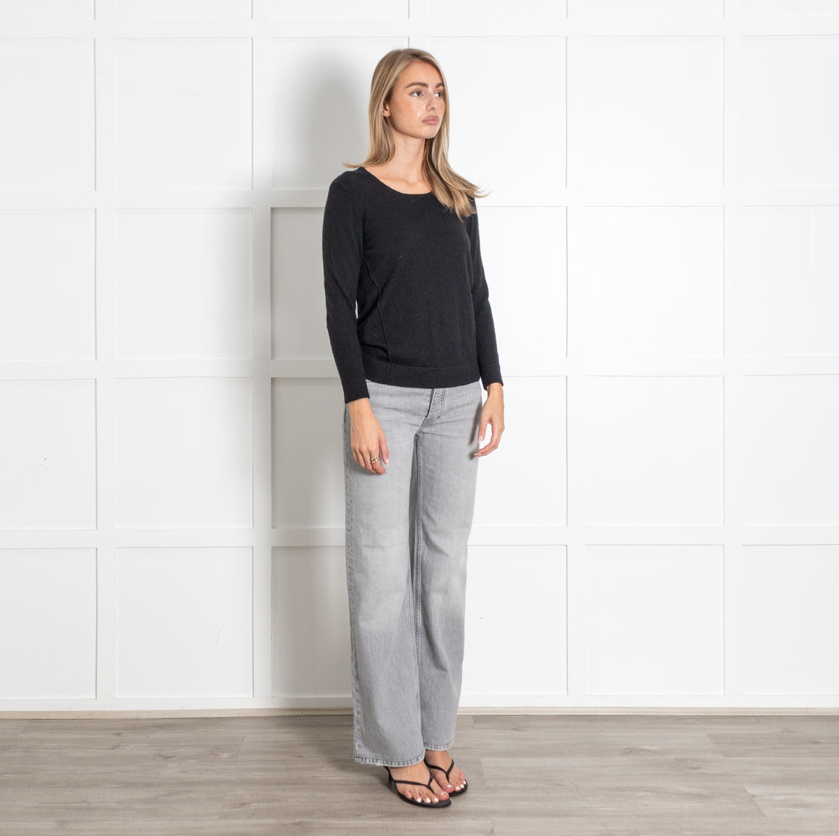 Black Scoop Neck Wool Fine Knit Sweater - Image 7