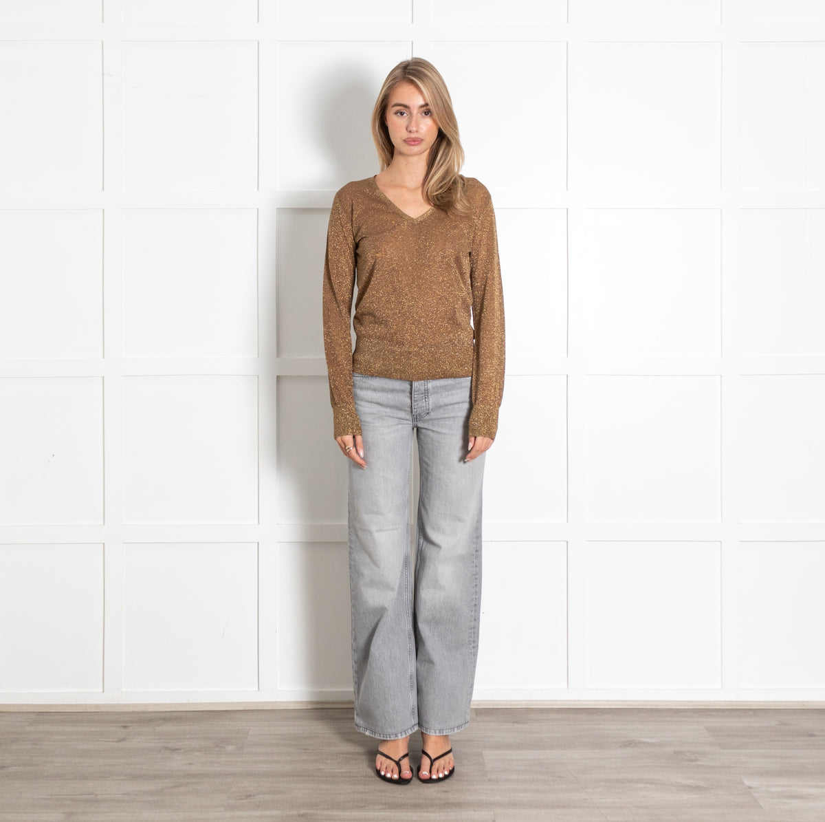 Bronze Lurex V-Neck Fine Knit Sweater - Image 1