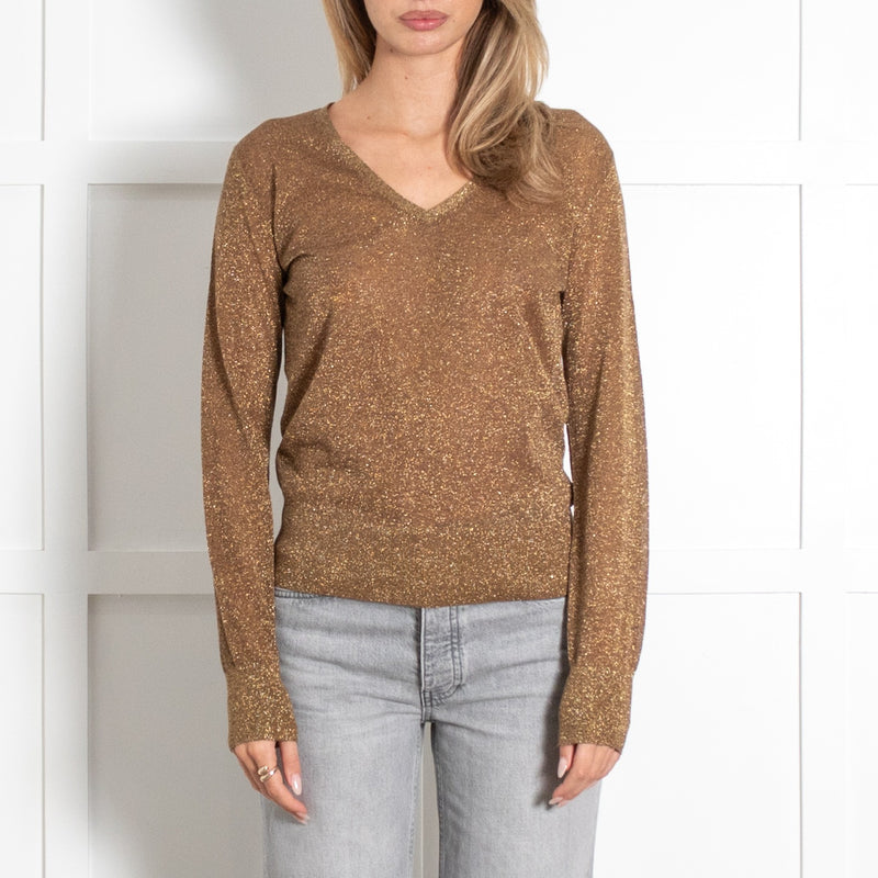 Bronze Lurex V-Neck Fine Knit Sweater - Image 2