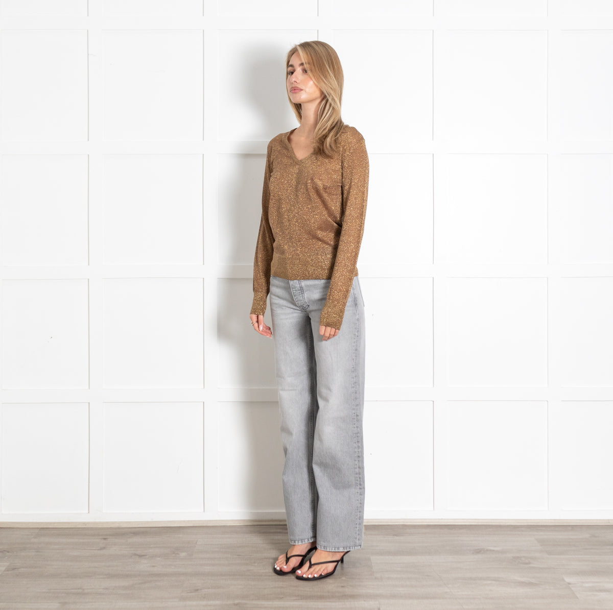 Bronze Lurex V-Neck Fine Knit Sweater - Image 3