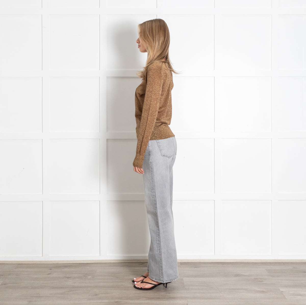 Bronze Lurex V-Neck Fine Knit Sweater - Image 4