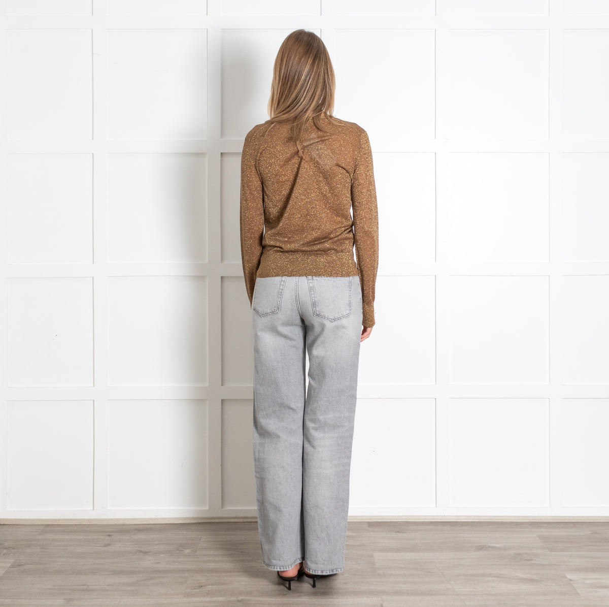 Bronze Lurex V-Neck Fine Knit Sweater - Image 5