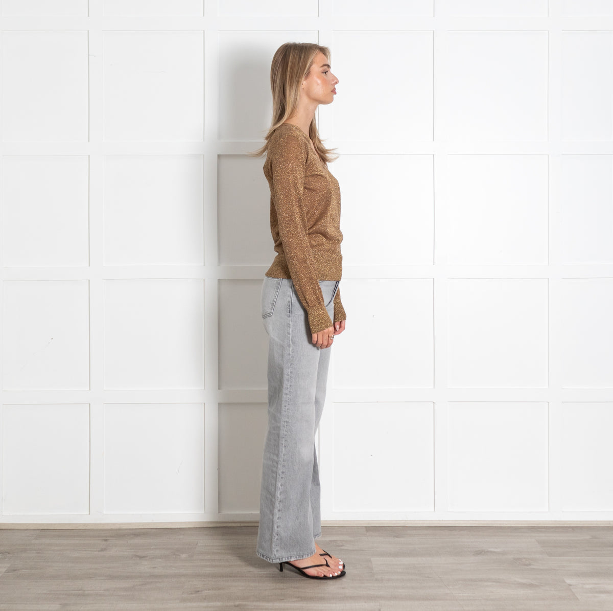 Bronze Lurex V-Neck Fine Knit Sweater - Image 6