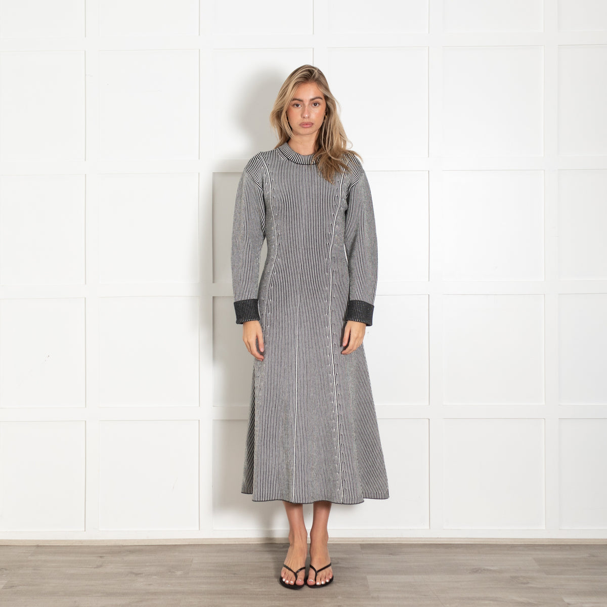 Grey White Striped Wool-Blend Maxi Dress - Image 1