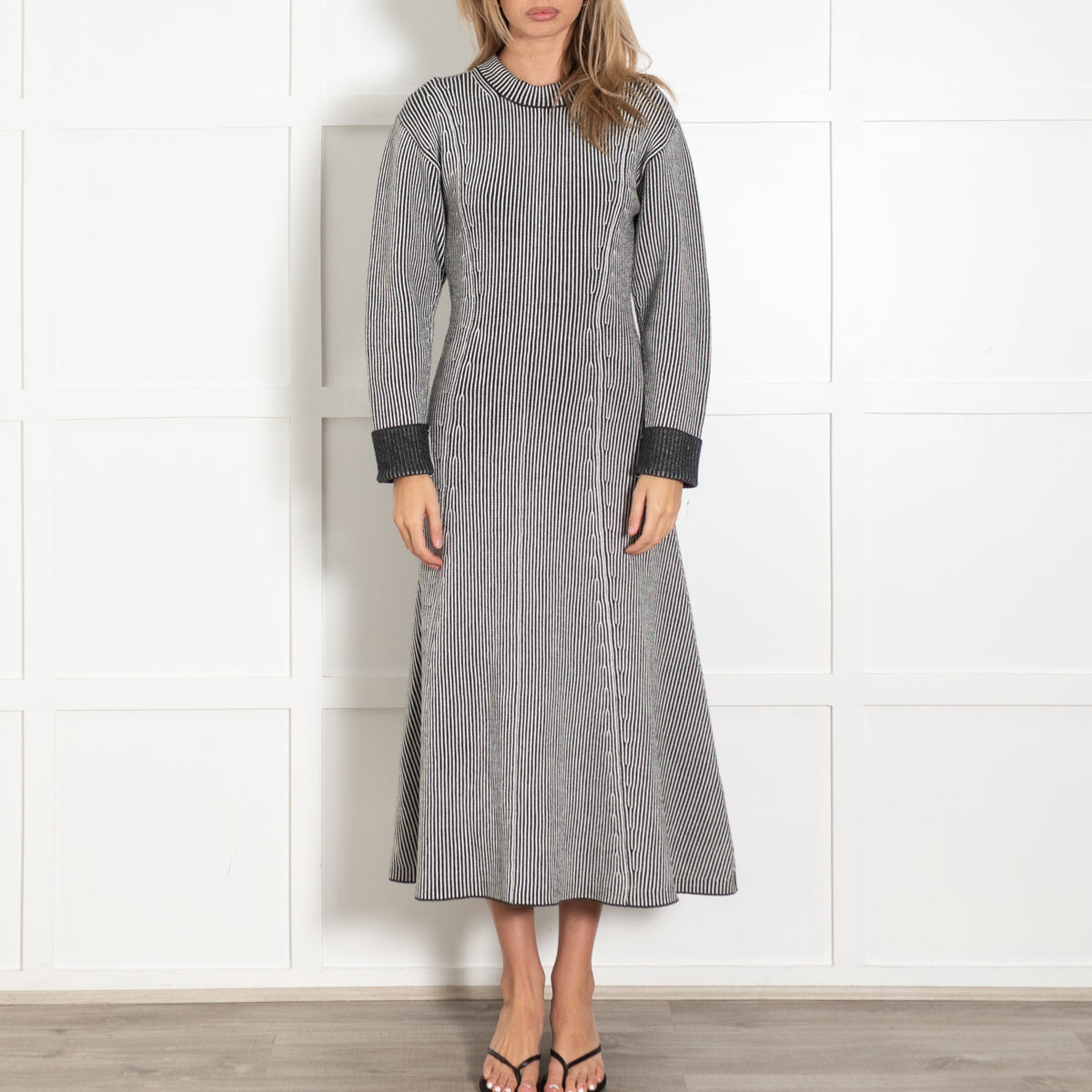 Grey White Striped Wool-Blend Maxi Dress - Image 2