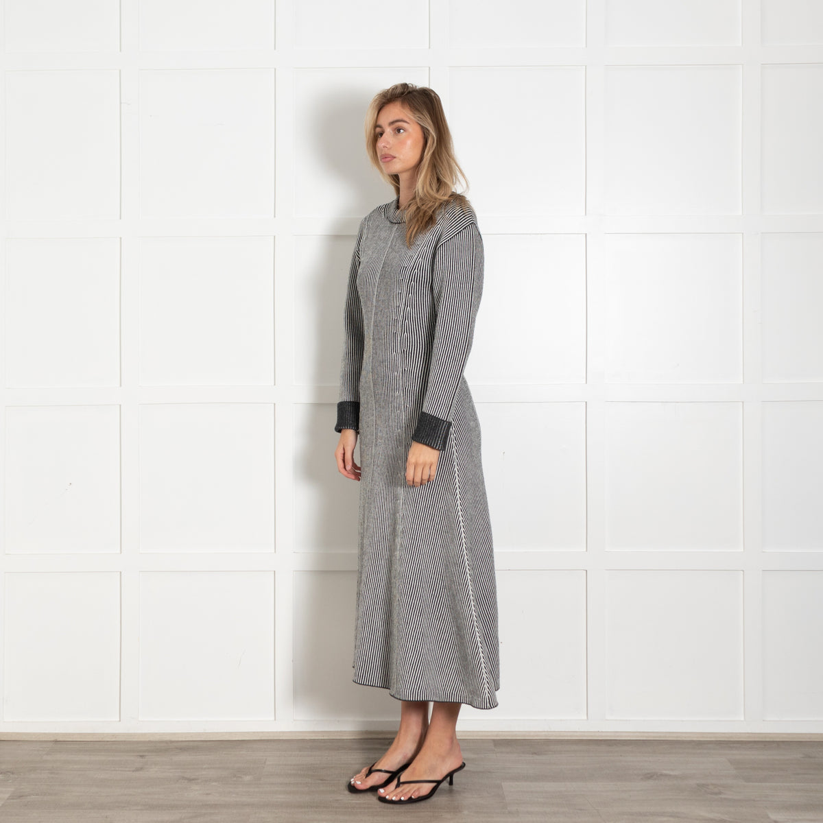 Grey White Striped Wool-Blend Maxi Dress - Image 3