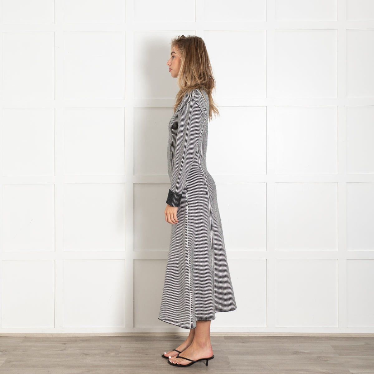 Grey White Striped Wool-Blend Maxi Dress - Image 4