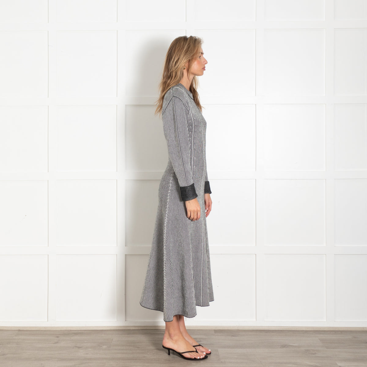 Grey White Striped Wool-Blend Maxi Dress - Image 6