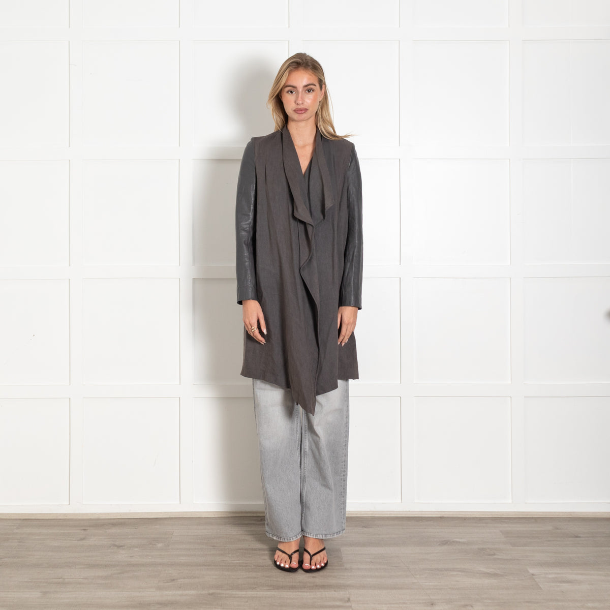 Joseph Grey Lordes Long Fluid Twill  Jacket With Leather Sleeves - Image 1