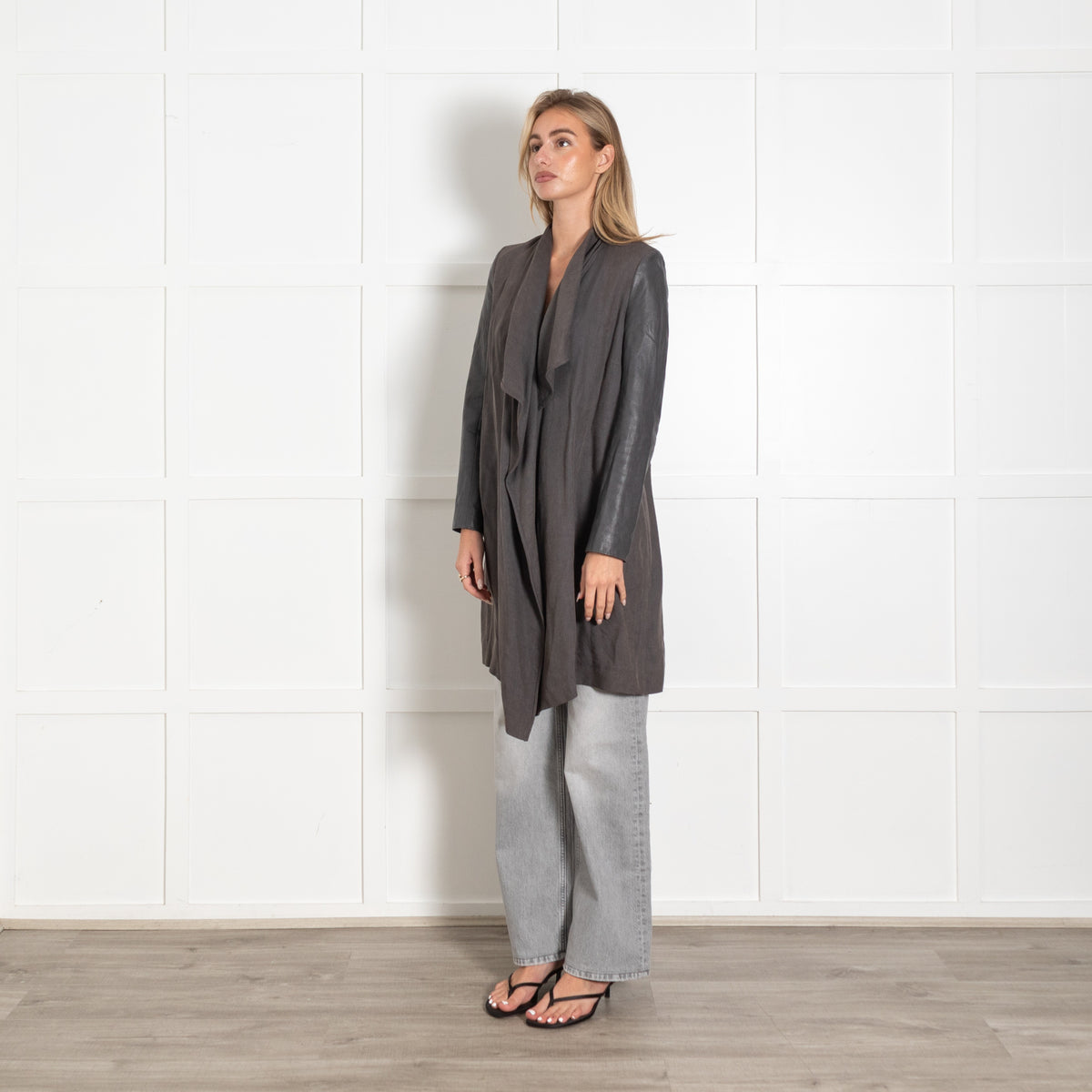 Joseph Grey Lordes Long Fluid Twill  Jacket With Leather Sleeves - Image 3
