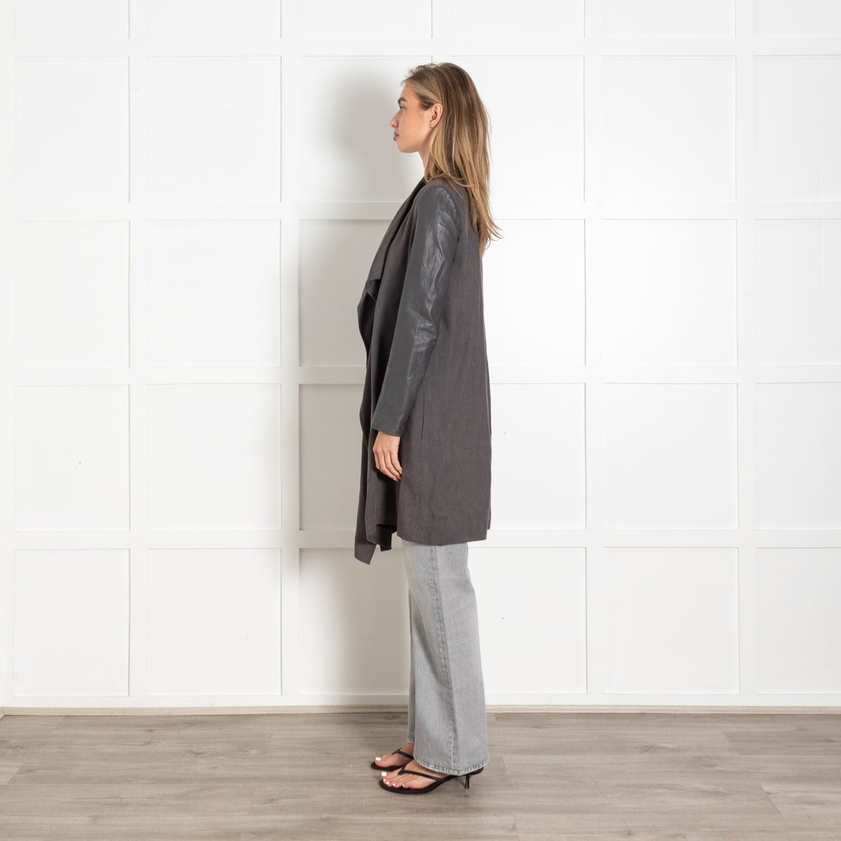Joseph Grey Lordes Long Fluid Twill  Jacket With Leather Sleeves - Image 4