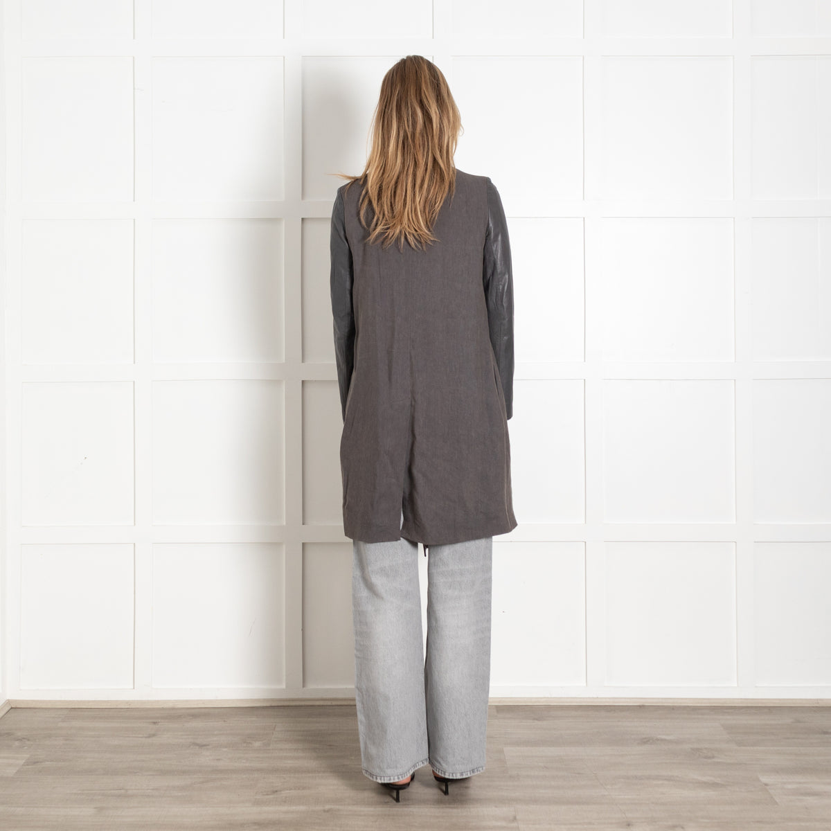 Joseph Grey Lordes Long Fluid Twill  Jacket With Leather Sleeves - Image 5