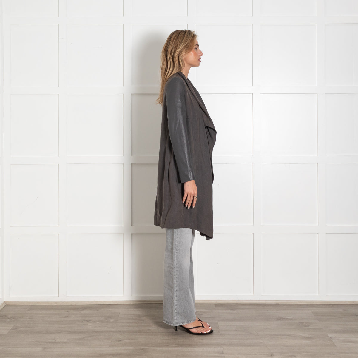 Joseph Grey Lordes Long Fluid Twill  Jacket With Leather Sleeves - Image 6