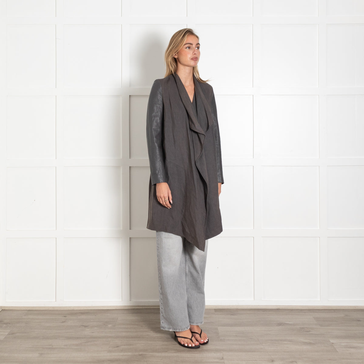 Joseph Grey Lordes Long Fluid Twill  Jacket With Leather Sleeves - Image 7