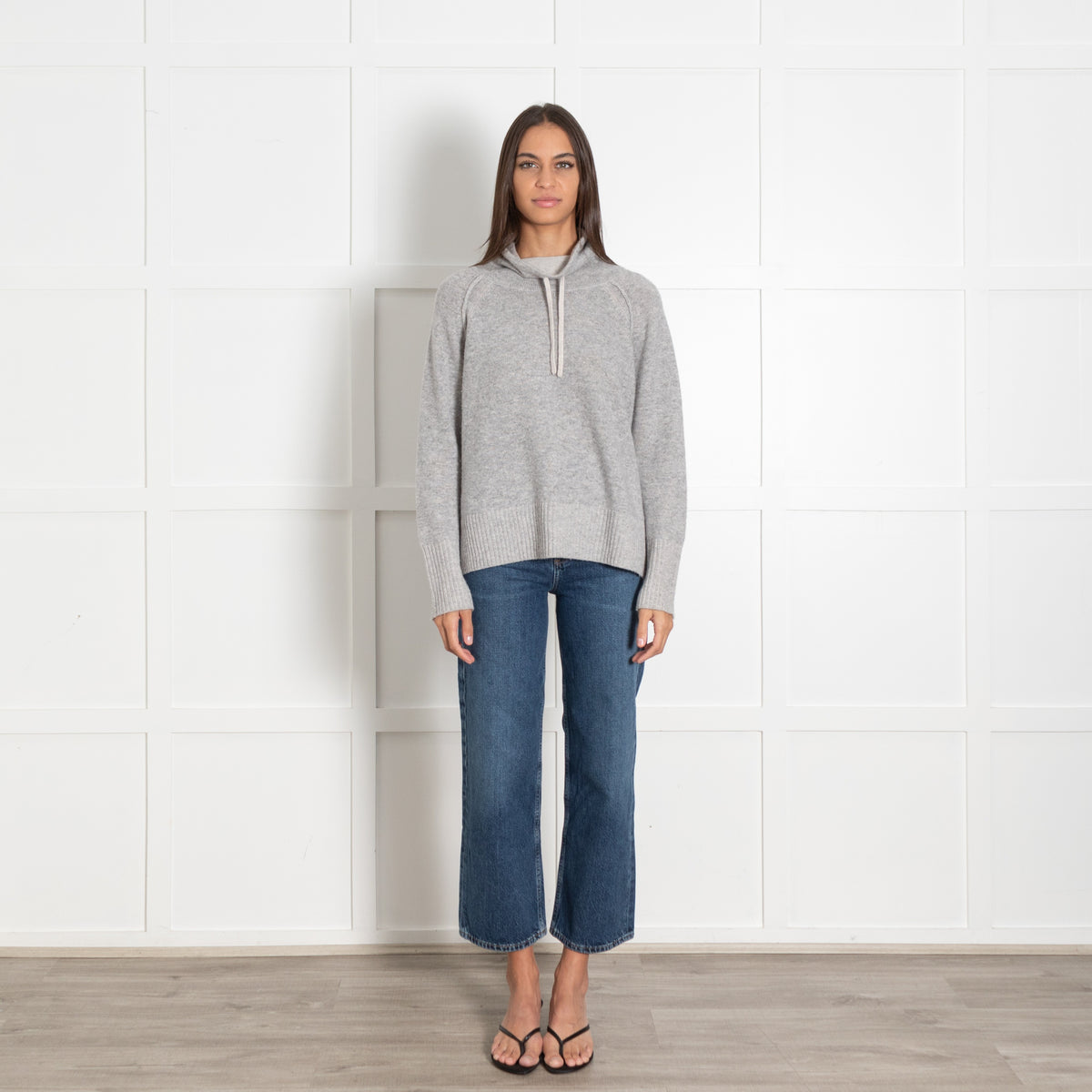 Kinross Grey Cashmere Funnel Tie Sweater - Image 1