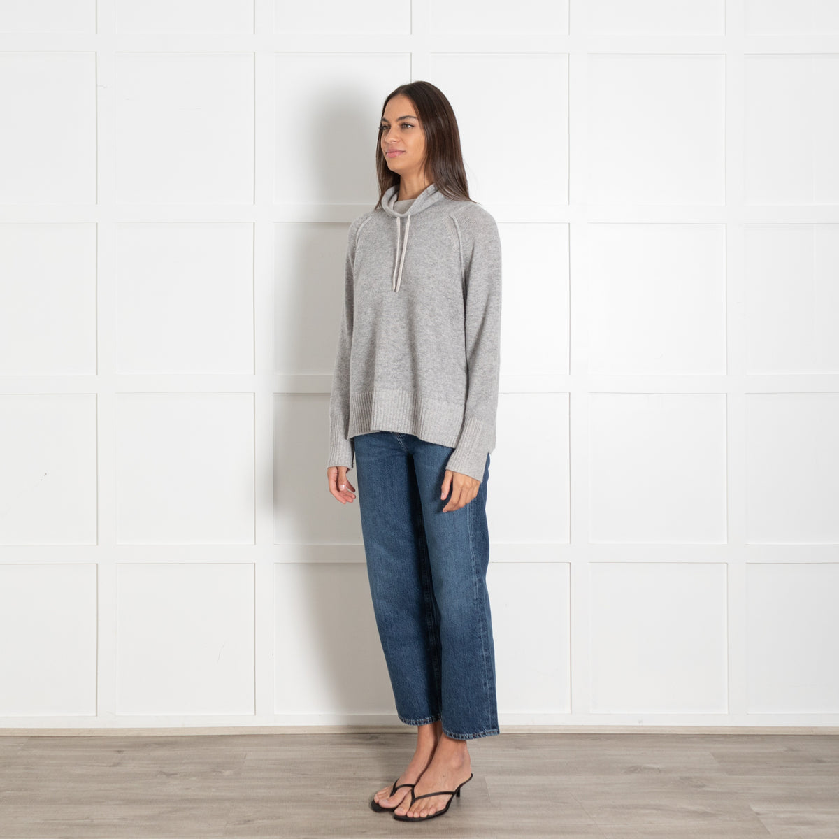 Kinross Grey Cashmere Funnel Tie Sweater - Image 3