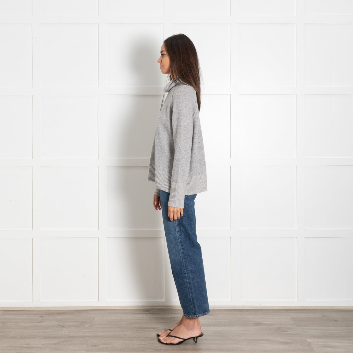 Kinross Grey Cashmere Funnel Tie Sweater - Image 4