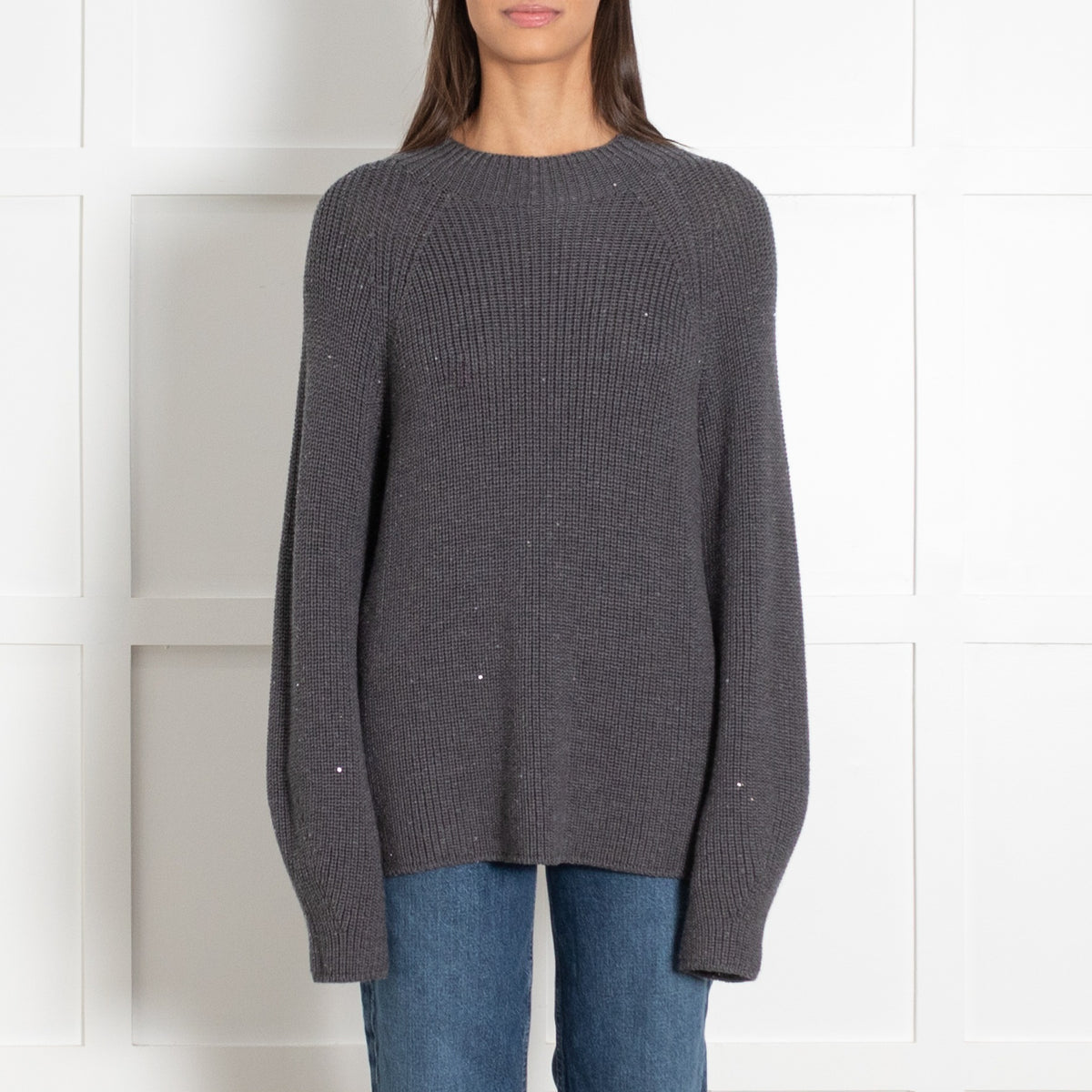 Le Tricot Perugia Dark Grey Solid Knit Sweater With Sequins - Image 1