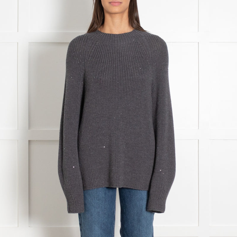 Le Tricot Perugia Dark Grey Solid Knit Sweater With Sequins - Image 1