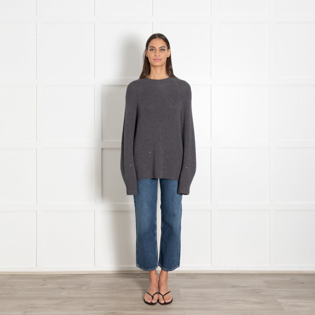 Le Tricot Perugia Dark Grey Solid Knit Sweater With Sequins - Image 1