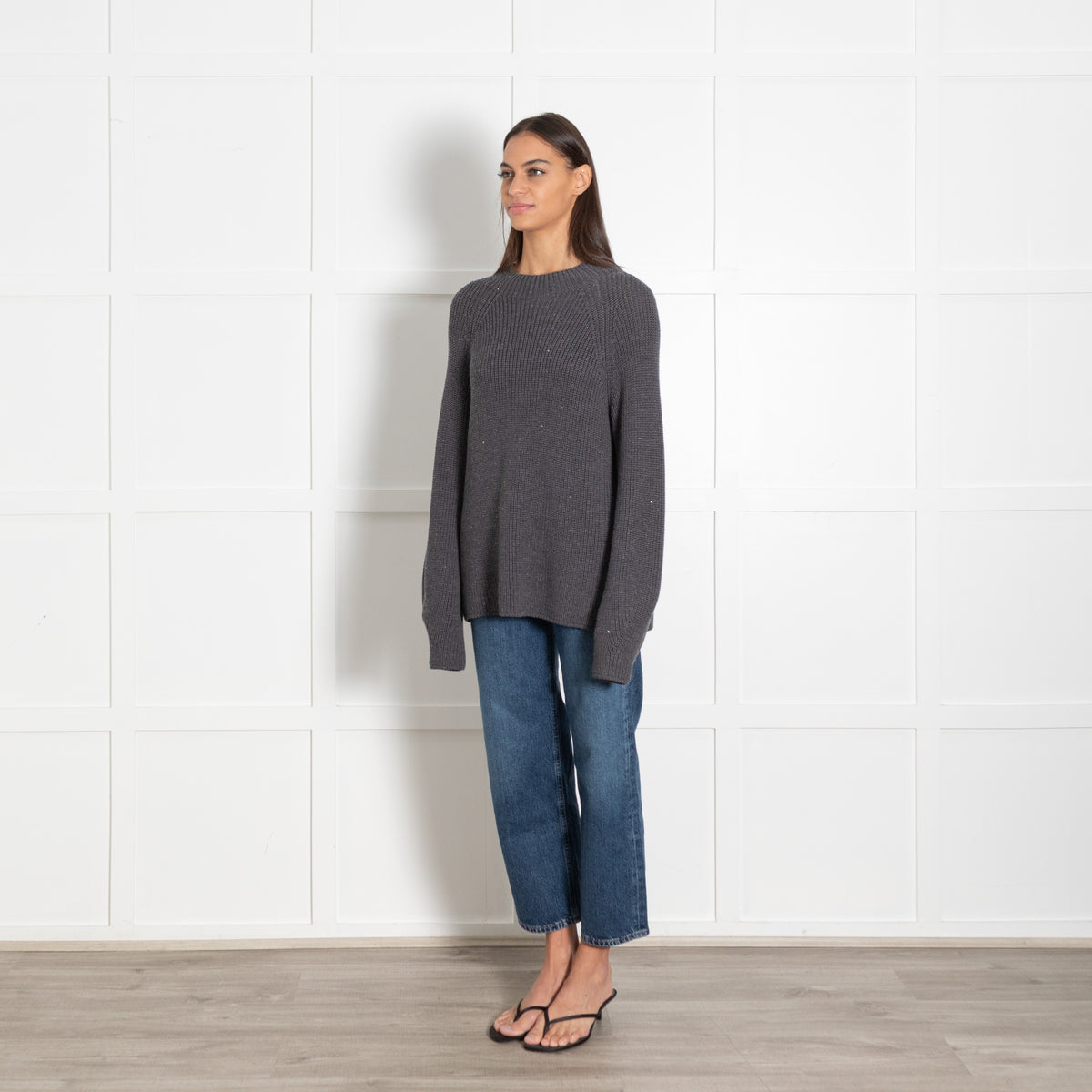 Le Tricot Perugia Dark Grey Solid Knit Sweater With Sequins - Image 2