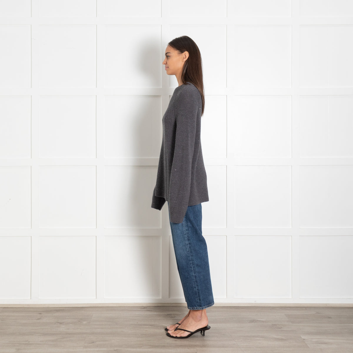 Le Tricot Perugia Dark Grey Solid Knit Sweater With Sequins - Image 3