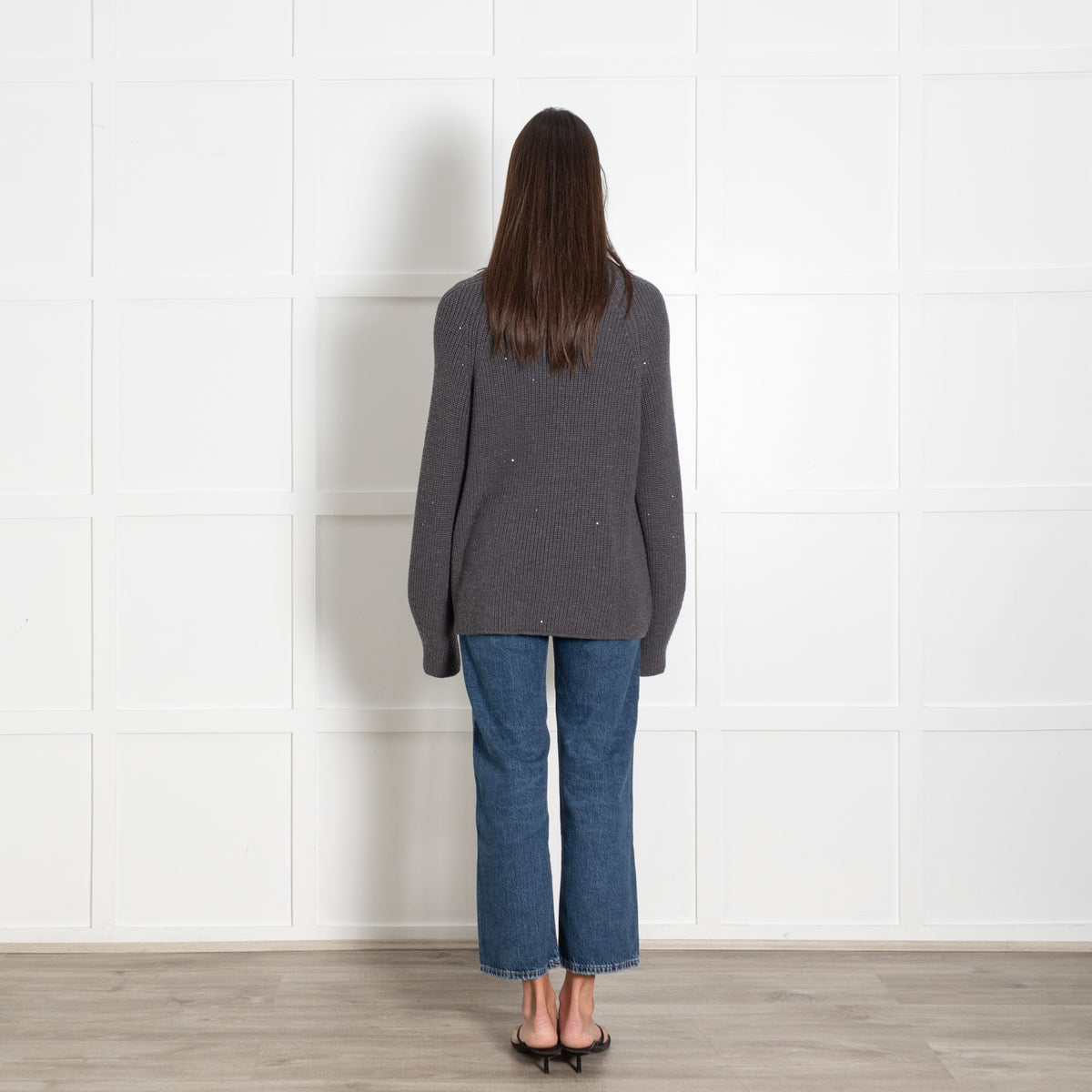 Le Tricot Perugia Dark Grey Solid Knit Sweater With Sequins - Image 4