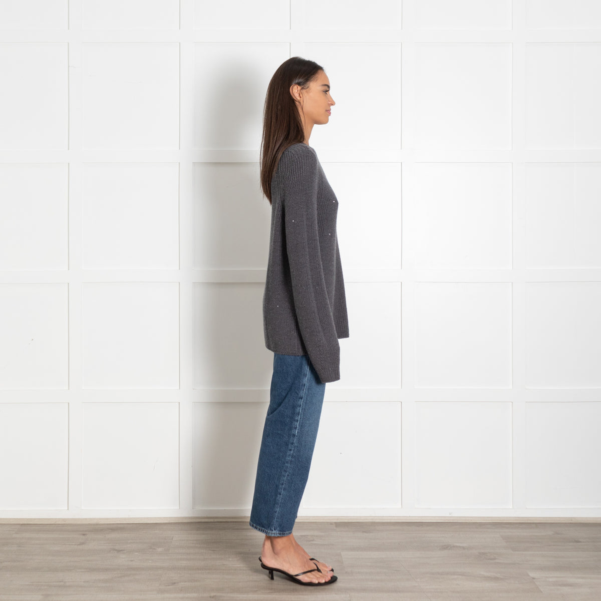 Le Tricot Perugia Dark Grey Solid Knit Sweater With Sequins - Image 5