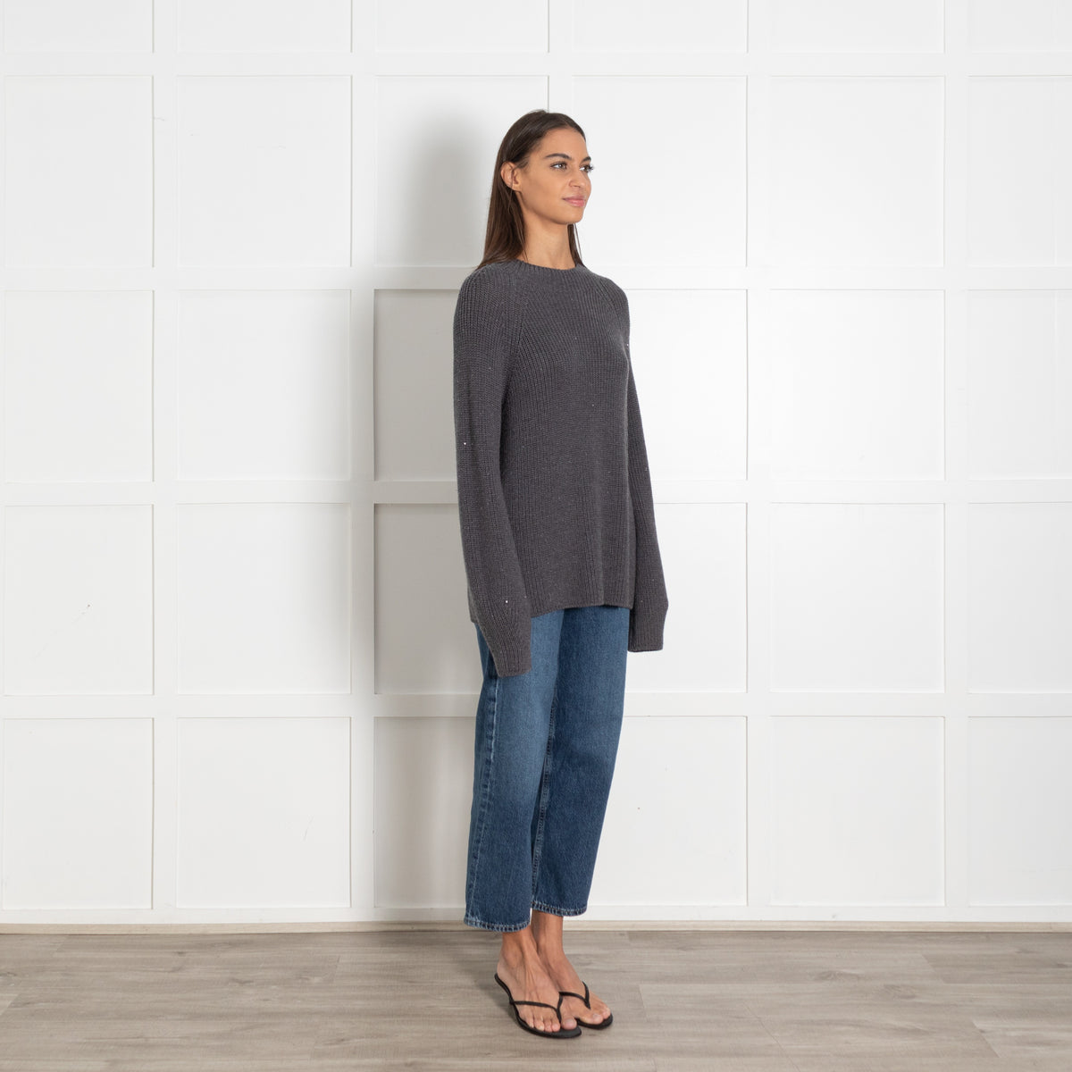 Le Tricot Perugia Dark Grey Solid Knit Sweater With Sequins - Image 6