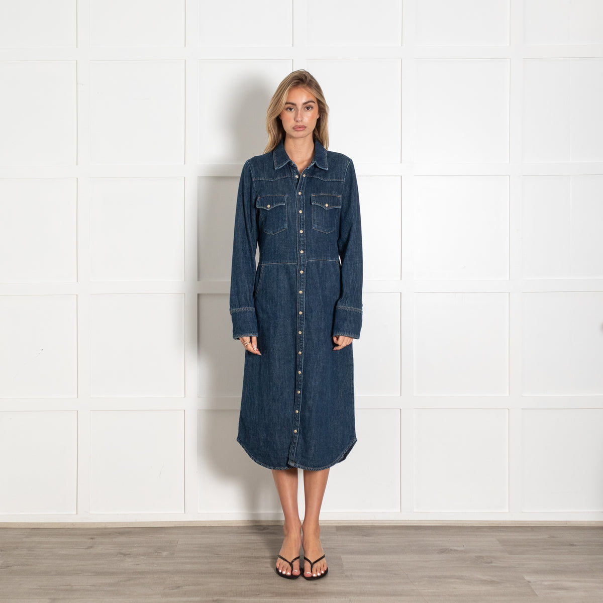 Leon & Harper Blue Washed Denim Shirt Style Long Sleeve Dress - Image 1