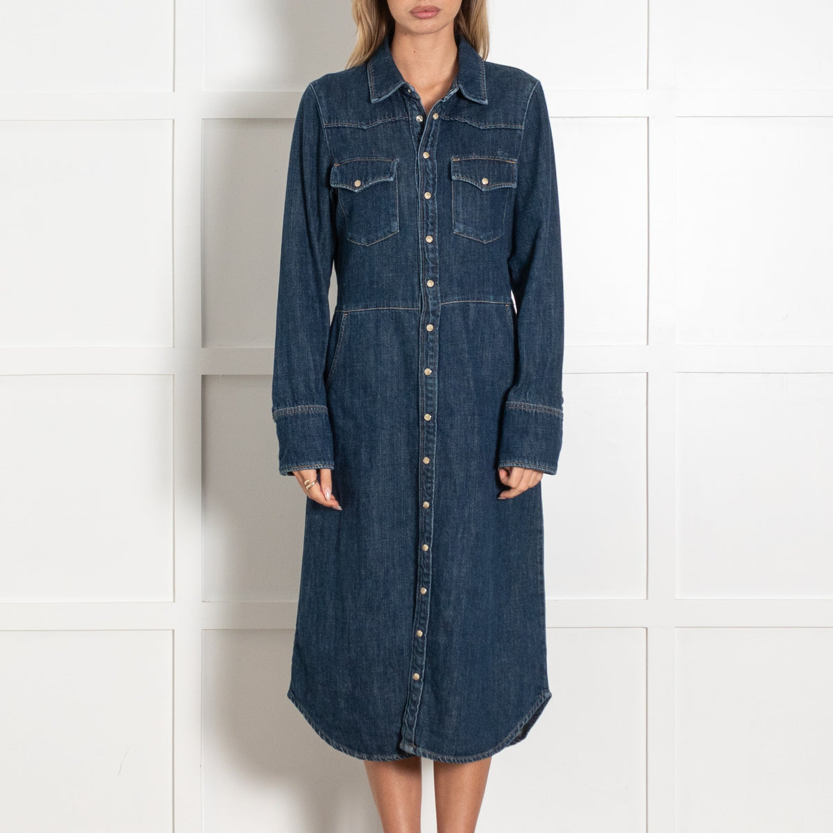 Leon & Harper Blue Washed Denim Shirt Style Long Sleeve Dress - Image 2