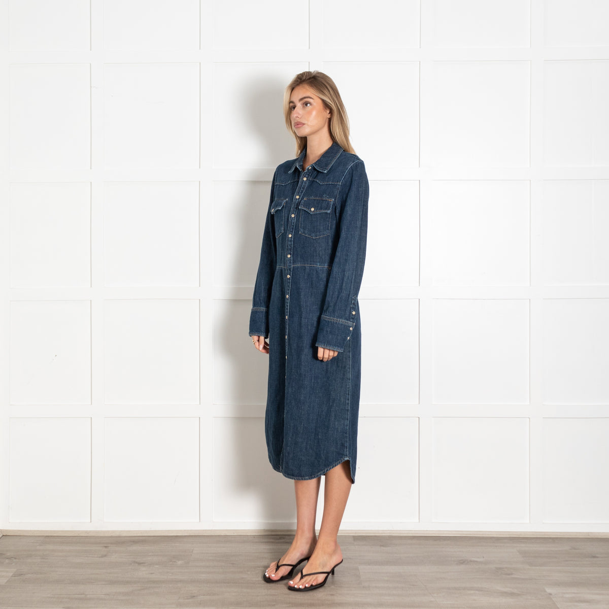 Leon & Harper Blue Washed Denim Shirt Style Long Sleeve Dress - Image 3