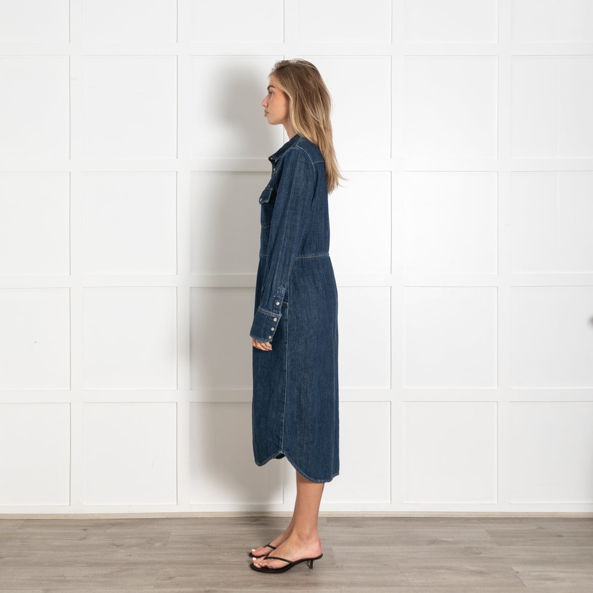 Leon & Harper Blue Washed Denim Shirt Style Long Sleeve Dress - Image 4
