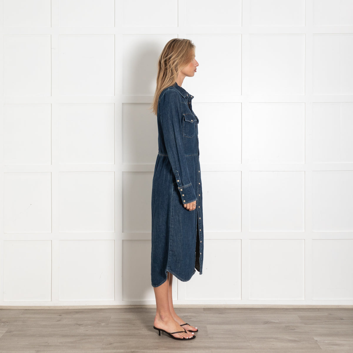Leon & Harper Blue Washed Denim Shirt Style Long Sleeve Dress - Image 6