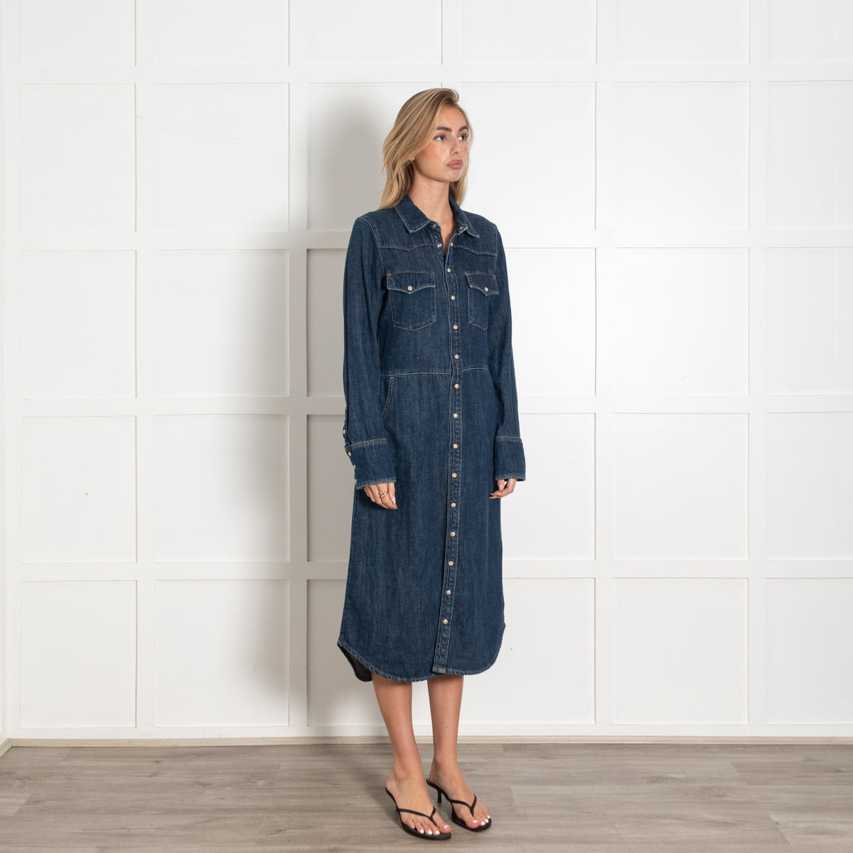 Leon & Harper Blue Washed Denim Shirt Style Long Sleeve Dress - Image 7