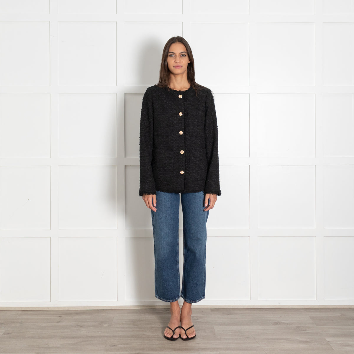 Line and Dot Black Tweed Gold Button Jacket - Image 1