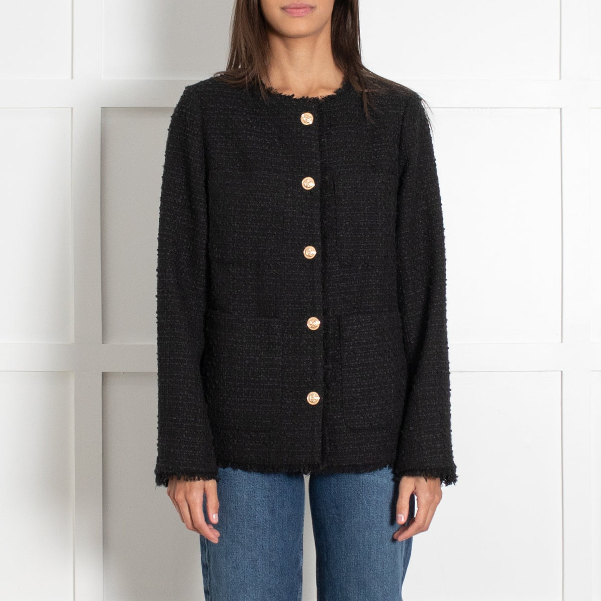Line and Dot Black Tweed Gold Button Jacket - Image 2