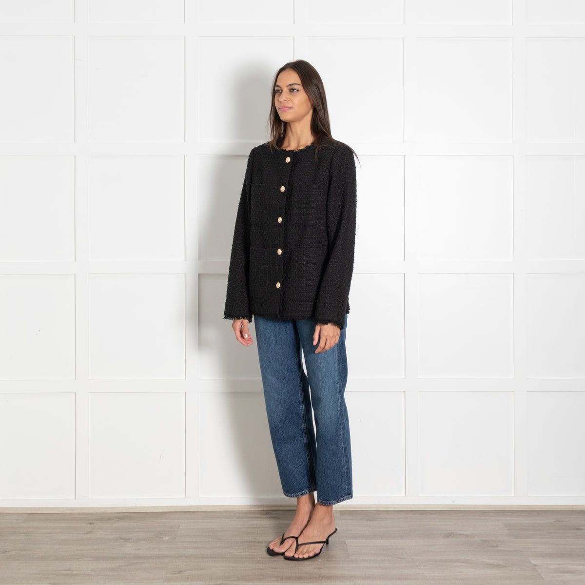 Line and Dot Black Tweed Gold Button Jacket - Image 3
