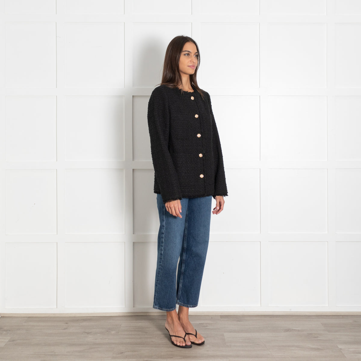 Line and Dot Black Tweed Gold Button Jacket - Image 7