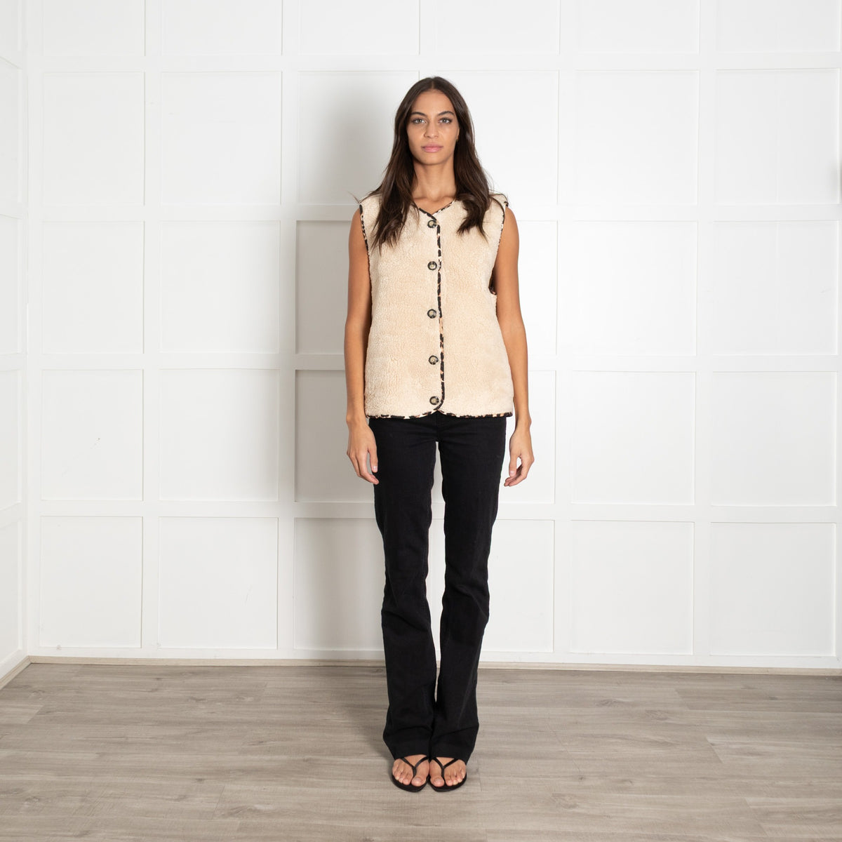 Lolly's Laundry Cotton Mix Faux Fur Gilet with Leopard Trim - Image 1